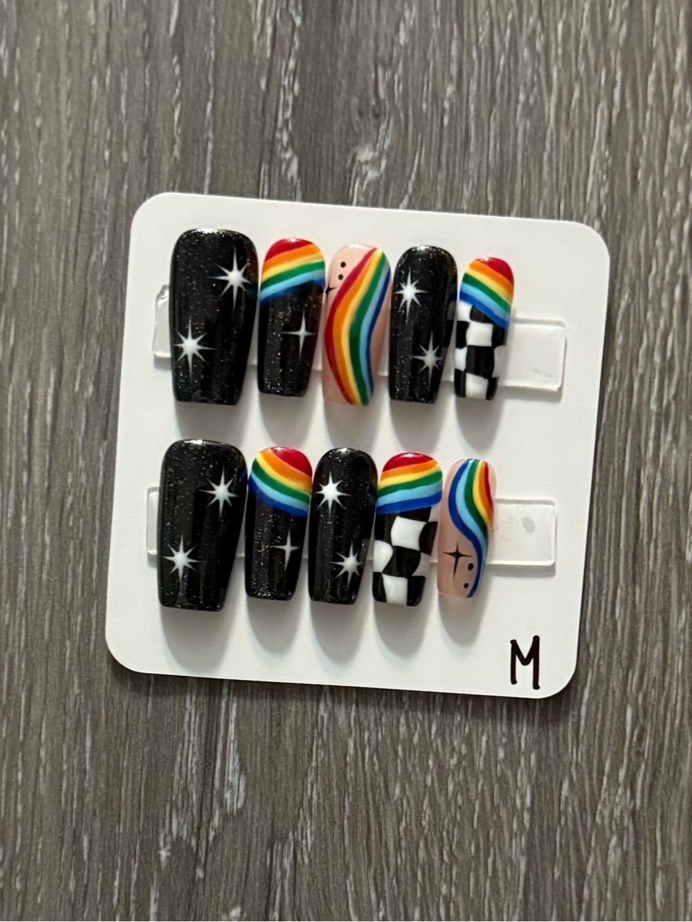 Black Press-On Nail Set with Rainbow Accent Stripes